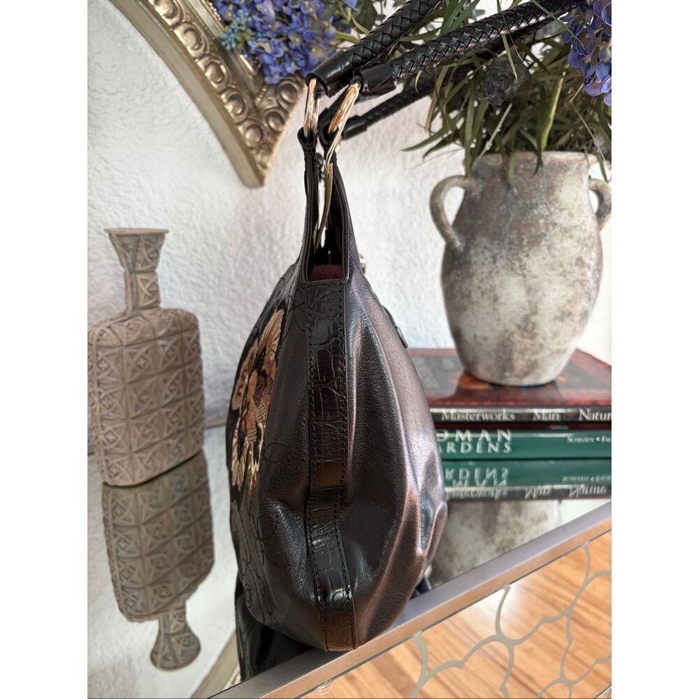 Brighton Valencia Black Leather Floral Embroidered Hobo Bag NWOT Heart Charm - Picture 8 of 12